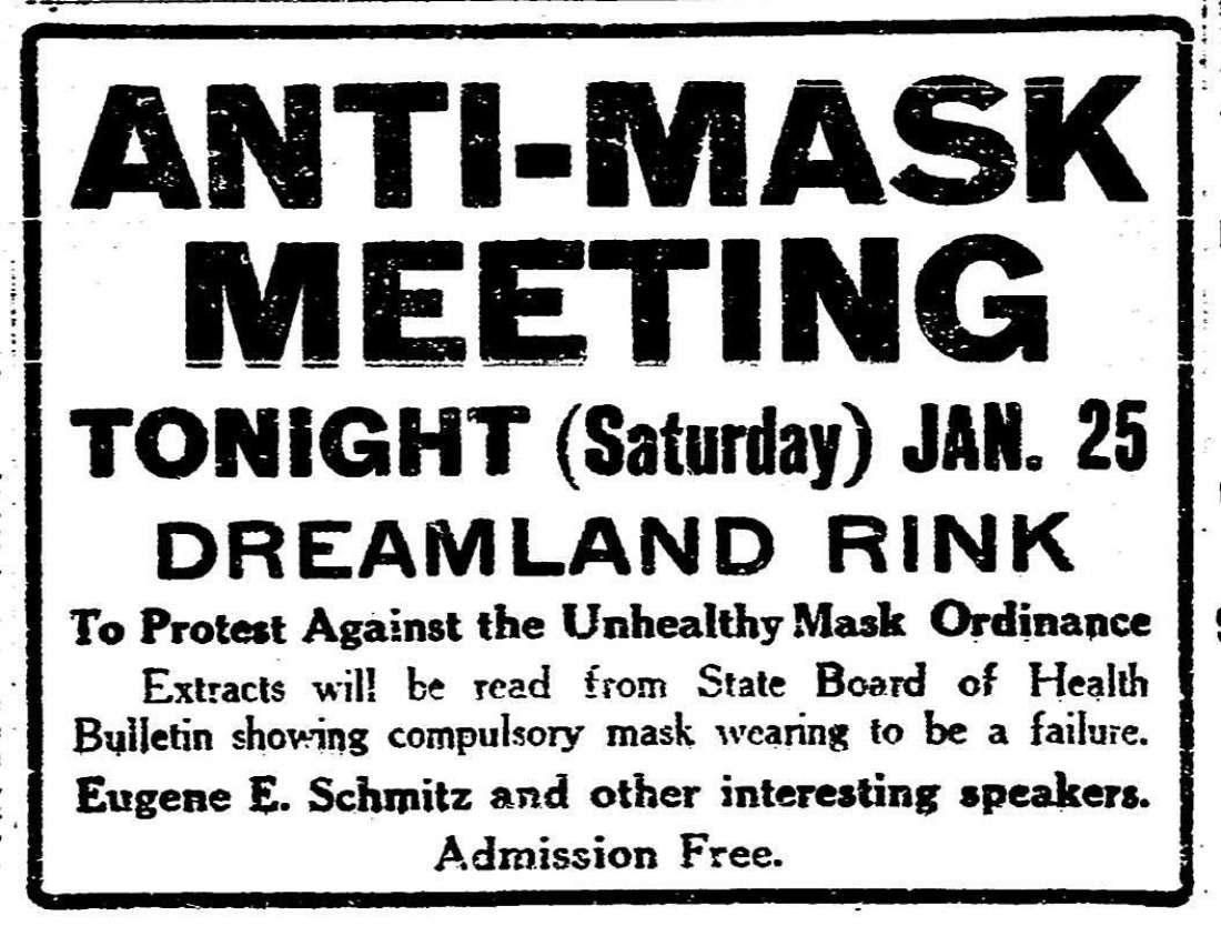 Advert for the Anti-Mask Meeting held in San Francisco in 1919; Credit: SF Chronicle