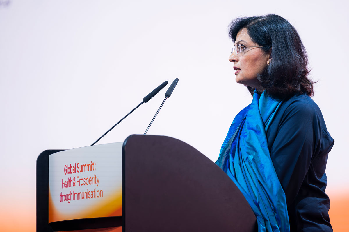 Dr Sania Nishtar, Gavi CEO, speaking at the Global Summit: Health & Prosperity through Immunisation. Credit: Gavi/2025/Daphne Matthys