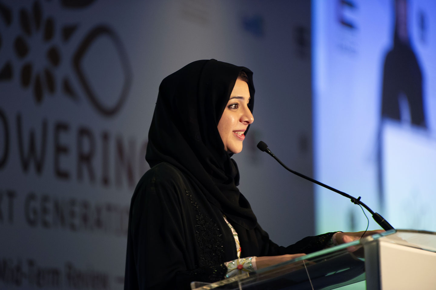 H.E. Reem Al Hashimy, Minister of State for International Cooperation, United Arab Emirates, welcomes attendees to the Mid-Term Review. Credit: Gavi/2018/Oscar Seykens.
