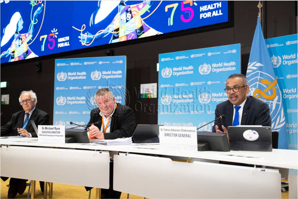 WHO Director-General Dr Tedros speaks to journalists online at the media briefing following the fifteenth meeting of the International Health Regulations (2005) Emergency Committee regarding the coronavirus disease (COVID-19) pandemic, 05 May 2023. Credit: WHO / WHO/Christopher Black