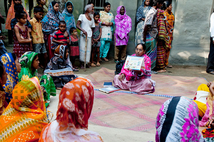 Round the corner from Mr Moro’s house, BRAC’s local health worker, Mrs Hosne Ara Khatum, aged 33, uses a flipchart to teach pregnant mothers about primary health care, basic hygiene, breastfeeding and maternal health.