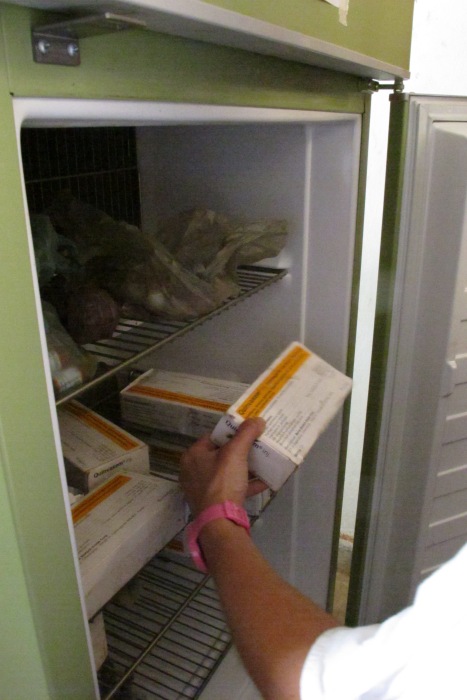 A kerosene-powered fridge stores vaccines at the correct temperature in Menge village health post. GAVI support funds staff training on the maintenance of fridges, inventories, and cold-chains.