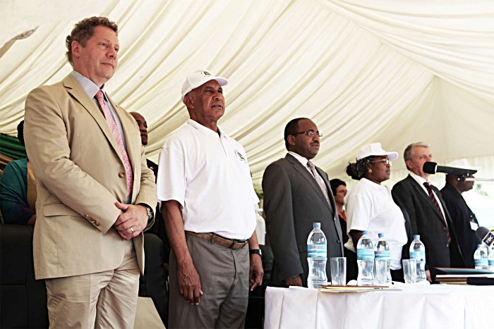 A large group of dignitaries were also watching. Left to right: Dr. Seth Berkley CEO, GAVI Alliance; Alfonso Lennhardt, US Ambassador to Tanzania; Dr. Hussein Ali Mwinyi, Minister of Health and Social Welfare; Salma Kikwete, First Lady of Tanzania; Dagfinn Hoybraten, GAVI Board Chair.