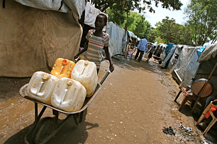 Eight months after conflict broke out in December 2013, few here believe they will be able to go home soon. The camp has begun to resemble a more permanent settlement. ‘Main streets’ have stalls selling household goods, small tea shops, and television kiosks showing re-runs of World Cup football games from Brazil.  