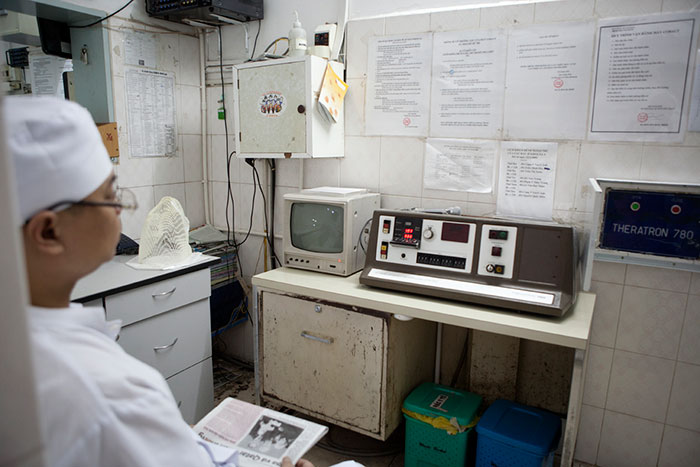 The control center for the cobalt radiation treatment room at the Ho Chi Minh City Oncology Hospital in Vietnam. December 2011.