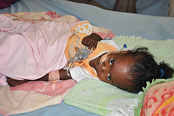 An intravenous drip was needed to replace the essential fluids that Samah Suraj, aged one, lost through a severe diarrhoea infection – one of the biggest killers of under-fives both in Sudan and globally. During the rainy season, when diarrhoea is more prevalent, there can be three babies to a bed in this crowded diarrhoea ward.
