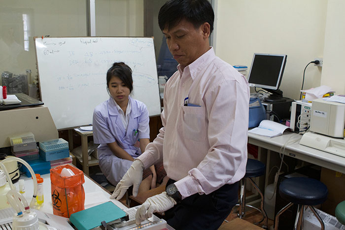 The Laos Ministry of Health is working to improve surveillance for rubella so that cases can be laboratory confirmed. Blood samples from people with fever and rash - the markers for both measles and rubella - are sent from the field for testing to the Laos National Center for Laboratory and Epidemiology in Laos' capital Vientiane.