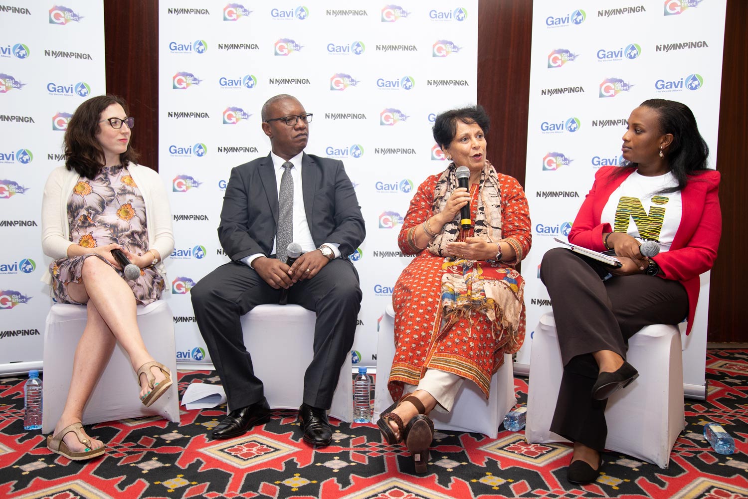 Pictured (left to right): Jessica Posner Odede CEO, Girl Effect; Dr Patrick Ndimubanzi, Minister of State in charge of Public Health and Primary Health Care, Ministry of Health Rwanda; Anuradha Gupta, Deputy CEO, Gavi; Rahmat Umuhoza, Ni Nyampinga Journalist, Girl Effect Rwanda. Credit: Rogers Ouma/2019.