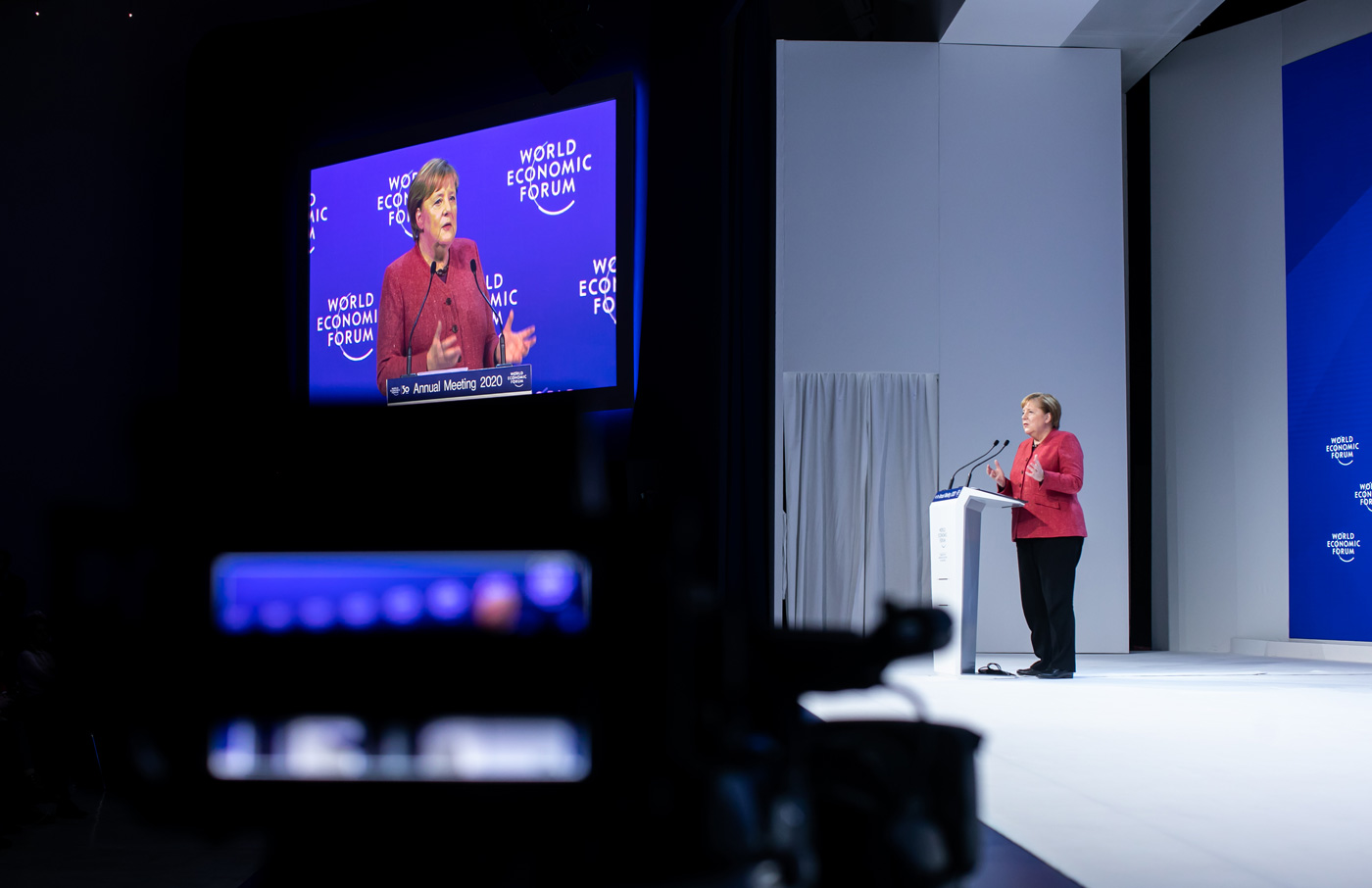 Angela Merkel, Federal Chancellor of Germany, speaking during her Special Address at WEF 2020. Credit: World Economic Forum/Ciaran McCrickard.