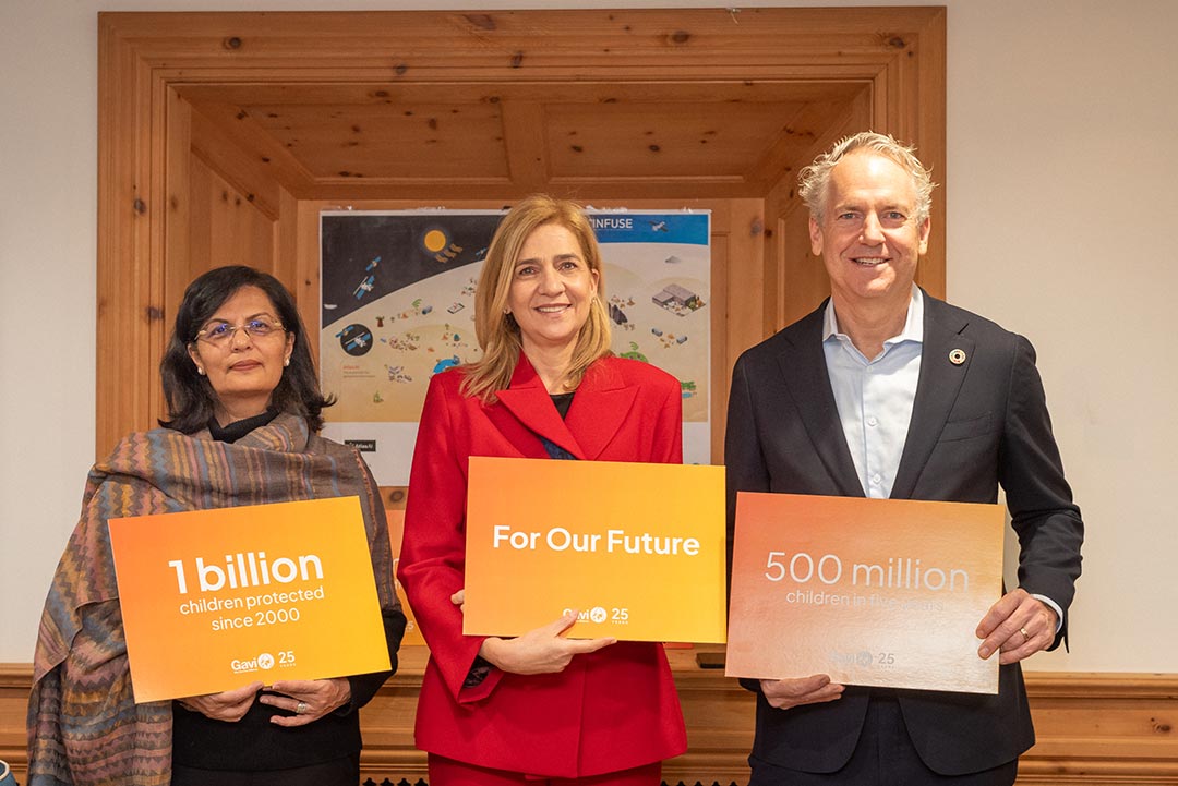 Dr Sania Nishtar, CEO of Gavi the vaccine Alliance,  H.R.H. Princess Cristina, Director of the International Area at the “la Caixa” Foundation. and Joe Cerell, the Gates Foundation’s Managing Director for Europe, the Middle East, and East Asia. Gavi/Timo Rud