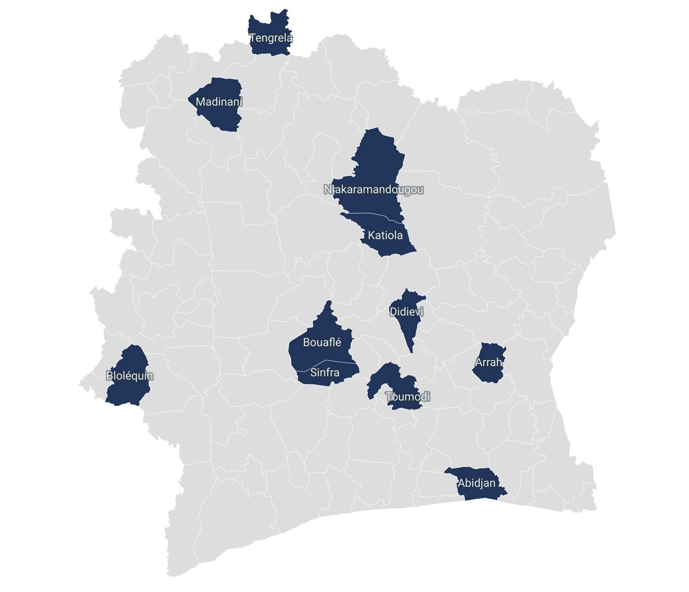 La carte ci-dessous met en évidence les zones géographiques où les OSC mettent en œuvre les activités financées