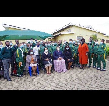 Eswatini Education Minister Lady Howard Mabuza, Health Minister Lizzie Nkosi and senior officials with Manzini Central High School pupils and principal. – Credit Nonduduzo Kunene
