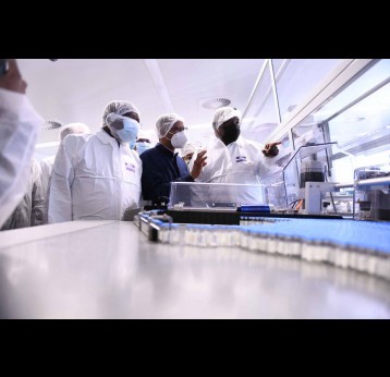 South African President Cyril Ramaphosa, Deputy president David Mabuza, Health Minister Dr Zweli Mkhize visiting the Aspen Pharmacare sterile manufacturing facility. Lulama Zenzile/Die Burger/Gallo Images via Getty Images