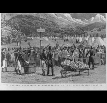 Cholera epidemic in Europe: travellers from Switzerland en route for Italy being kept in quarantine. Illustration published London, 16 August 1884 – Illustration published London, 16 August 1884