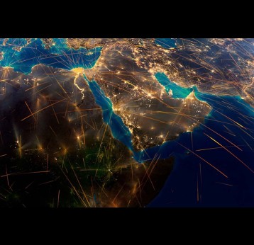 Planet Earth covered with network of air routes based on real data. Elements of this image furnished by NASA. Credit: Anton Balazh