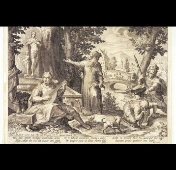 Hieronymus Fracastorius (Girolamo Fracastoro) shows the shepherd Syphilus and the hunter Ilceus a statue of Venus to warn them against the danger of infection with syphilis. Engraving by Jan Sadeler I, 1588/1595, after Christoph Schwartz.. Credit: Wellcome Collection. Public Domain Mark