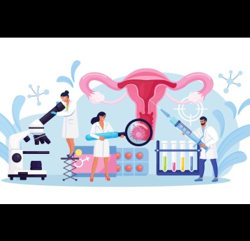 Illustration of female reproductive organs, doctors, researchers and medicine.