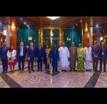 His Excellency President Bola Ahmed Tinubu (pictured centre), and Coordinating Minister of Health &amp; Social Welfare Muhammad Ali Pate (sixth from right) meet the Gavi delegation led by Sania Nishtar (sixt from left). Credit: Pascal Barollier 