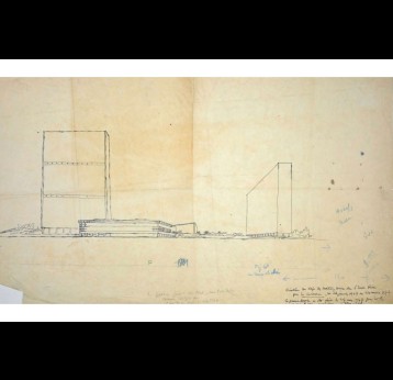 Perspective, proposal for the UN headquarters, including the General Assembly and Secretariat, 27 March 1947, by Le Corbusier. Credit: Pascal Barollier via LinkedIn