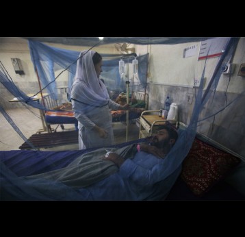 A nurse carefully adjusts an intravenous drip for a dengue patient at a hospital in Peshawar. Rising temperatures, erratic rainfall and prolonged monsoon seasons have created ideal breeding grounds for dengue-carrying mosquitoes..