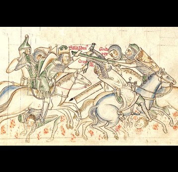 The Battle of Hattin, from a 13th-century manuscript of the Chronica Majora depicting the capture of the True Cross by Saladin. Credit: Matthew Paris - Cambridge, Corpus Christi College.