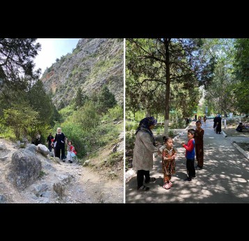 A mountain path and local children in Shakhimardan, Uzbekistan. Credit: Umida Maniyazova