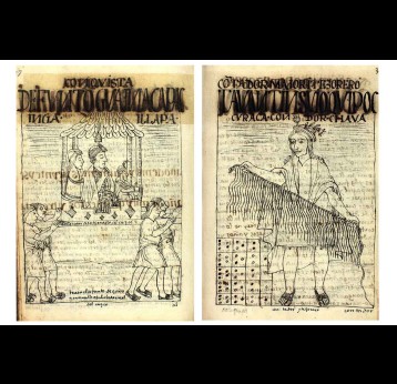 The left drawing shows the mummy of Huayna Cápac, leader of the Inca Empire, being carried from Quito to Cuzco. The right drawing illustrates a class of scholars that specialised in knotting and reading khipus, the knots-based writing artifacts with which Incas recorded knowledge. Credit: Felipe Guamán Poma de Ayala. Nueva corónica y buen gobierno. 1615. Royal Library of Denmark, Copenhagen, Gl. kgl. S. 2232, fols. 379 and 362. Courtesy of the Royal Library of Denmark, Copenhagen. 