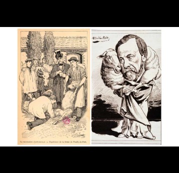 First anthrax vaccination in 1881 at Pouilly le Fort. (left) Emile Roux vaccinating sheep in the presence of Louis Pasteur. Drawing by J Girard, 1887. ©Institut Pasteur/Musée Pasteur. (right) Drawing by Alfred Le Petit in Le Charivari, 27 April 1882.