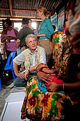 Dagfinn Høybråten and Her Royal Highness The Infanta Cristina of Spain during a visit to Bara Goan, a village 55km south of Dhaka, Bangladesh