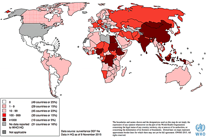 Number of Reported Measles Cases with onset date from Apr 2015 to Sep 2015 (6M period). Credit: WHO/2015.
