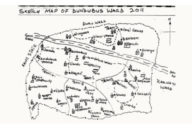 Hand-drawn map of Dundubus ward of Dutse LGA, Jigawa state. Photo source: Gates Notes