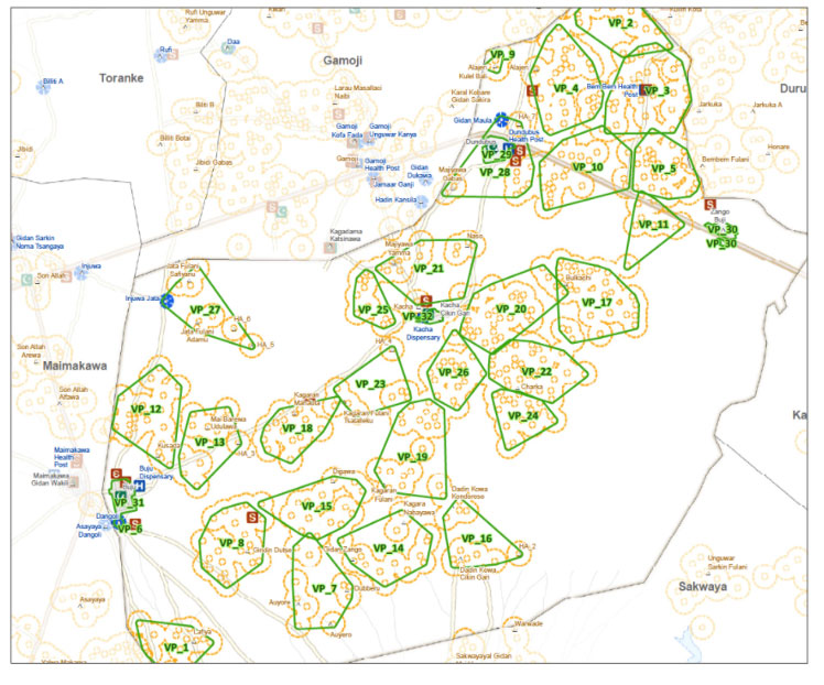 GIS-Map for micro-planning of Kacha ward, Dutse LGA, Jigawa state showing the distribution of vaccination teams across settlements. Photo source: NPHCDA