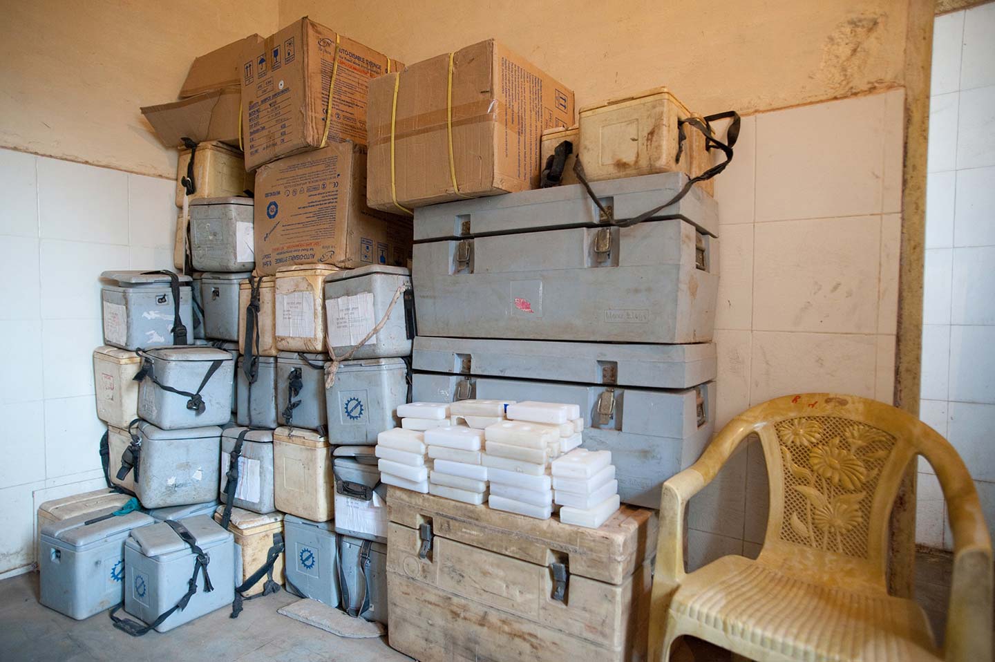 The cold chain room at the Bijadandi block community health center, Mandla District, Madhya Pradesh, India. Photo: PATH/Gabe Bienczycki.