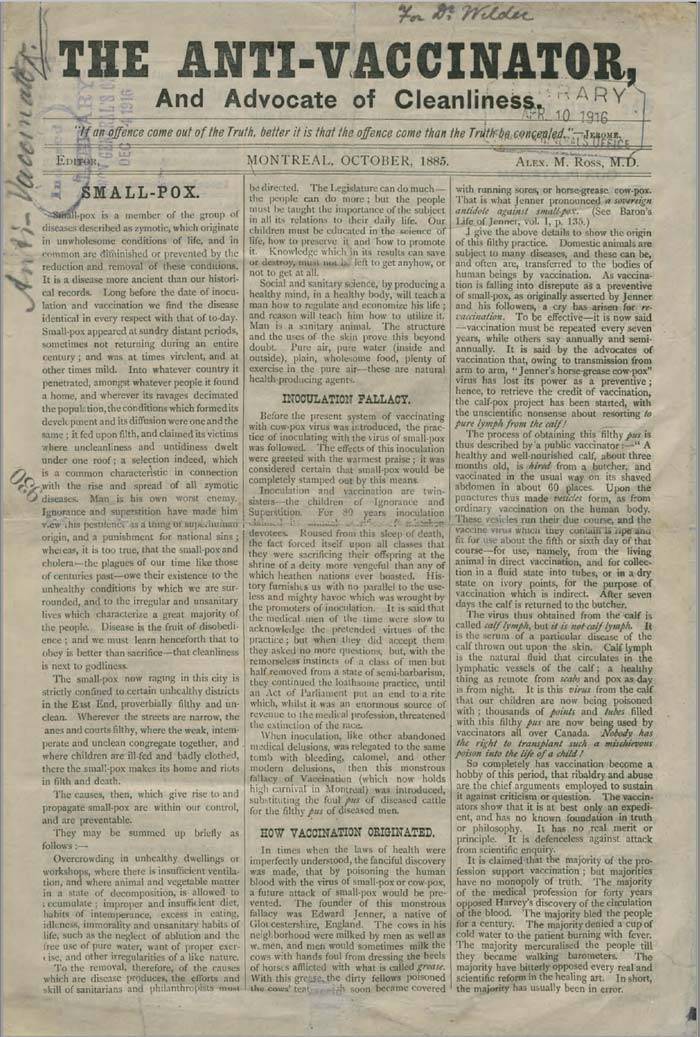 Le magazine The Anti-Vaccinator d'Alexander M. Ross publié à la fin du XIXe siècle  <a href="https://collections.nlm.nih.gov/catalog/nlm:nlmuid-101235983-bk">"The Anti-Vaccinator"</a></em></strong>
