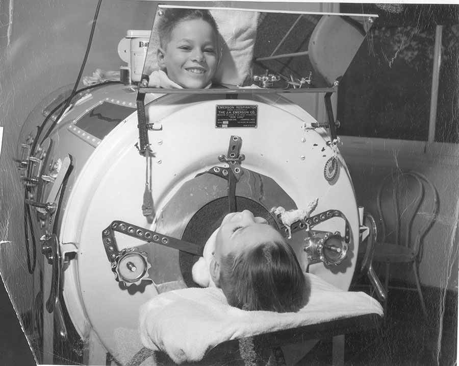 A child in an Emerson iron lung in Detroit, 1955