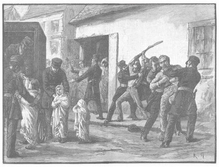 This drawing by Robert Harris is titled “Incident of the smallpox epidemic, Montréal.” It illustrates sanitary police removing patients from the public through the use of force, contemporary to the antivaccination riots of 1885.