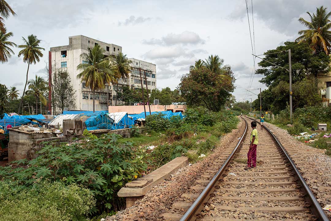 Blue-tent settlement at Hebbal, Bengaluru – Credit: Vivek Muthuramalingam