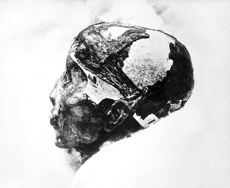 A mummified human skull; inscribed on verso "Tutankh-amen revealed after 3.000 years. Daily Mirror, London, 5th July 1926" Iconographic Collections Keywords: Tutankhamen