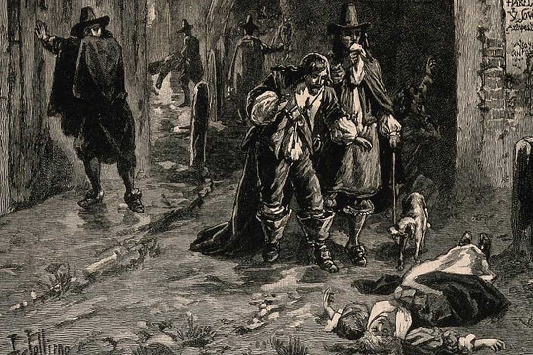 Two men discover a dead body in the street during the Great Plague of London. 19th-century wood engraving. Herbert Railton/Wellcome Collection