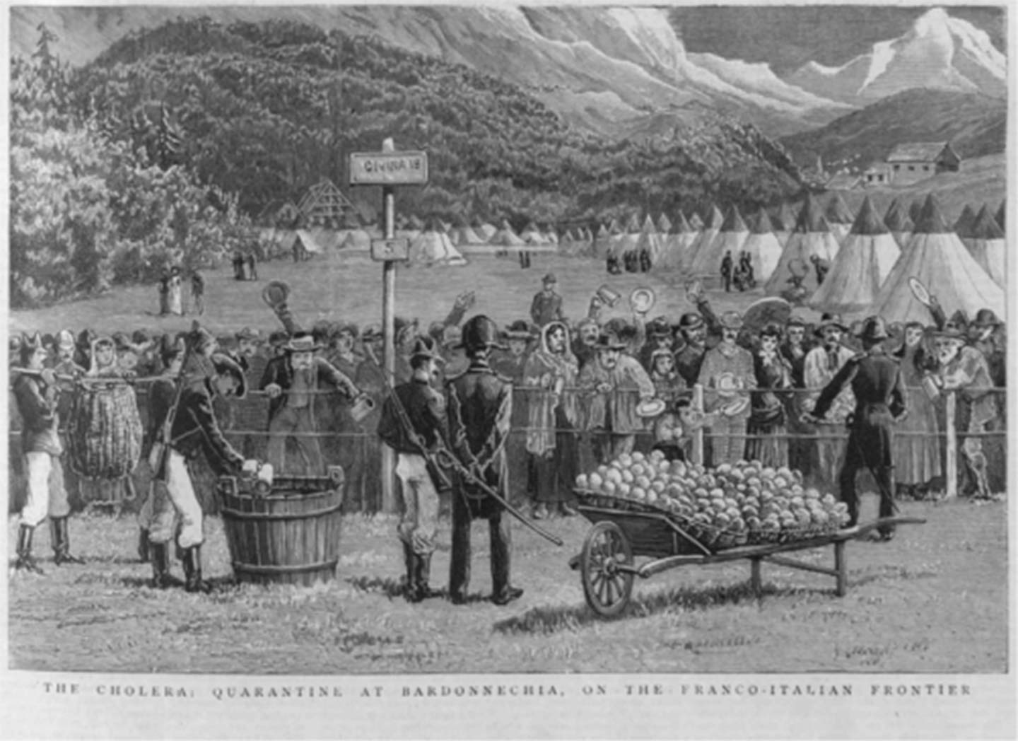 Cholera epidemic in Europe: travellers from Switzerland en route for Italy being kept in quarantine. Illustration published London, 16 August 1884 – Illustration published London, 16 August 1884