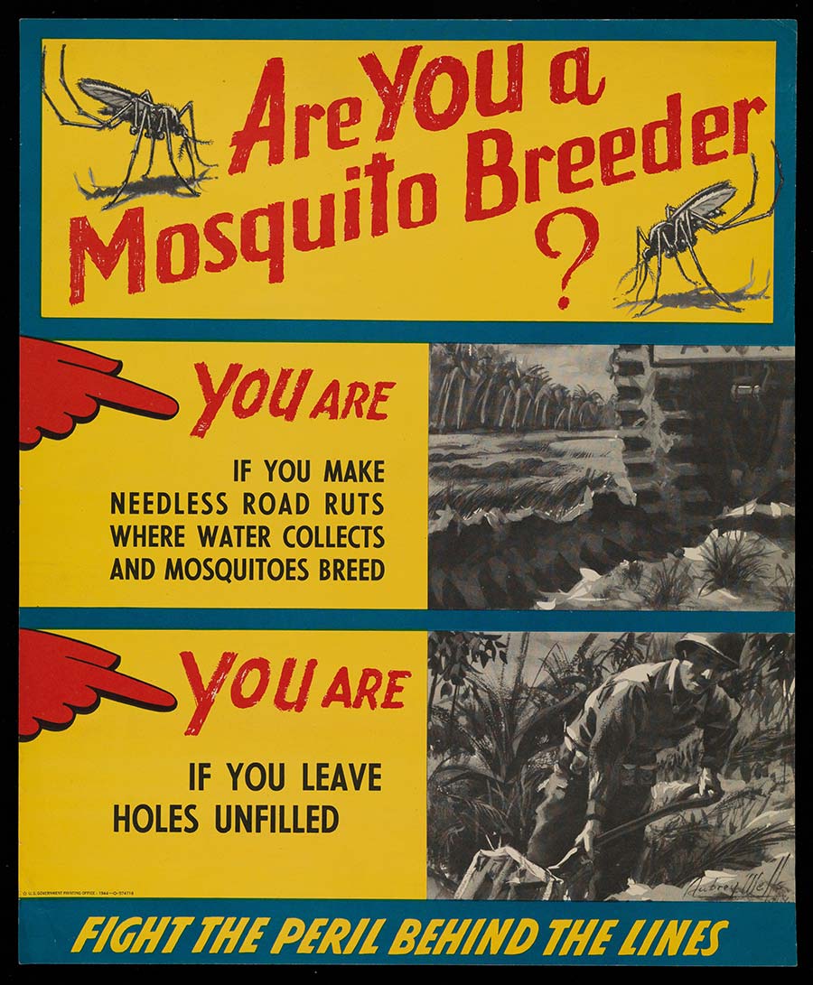 Mosquitoes: American soldiers in World War II can encourage them to breed them by leaving ruts in roads and unfilled earth holes, causing mosquito-borne diseases. Colour lithograph after A. Wells , 1944.. Credit: Wellcome Collection. In copyright