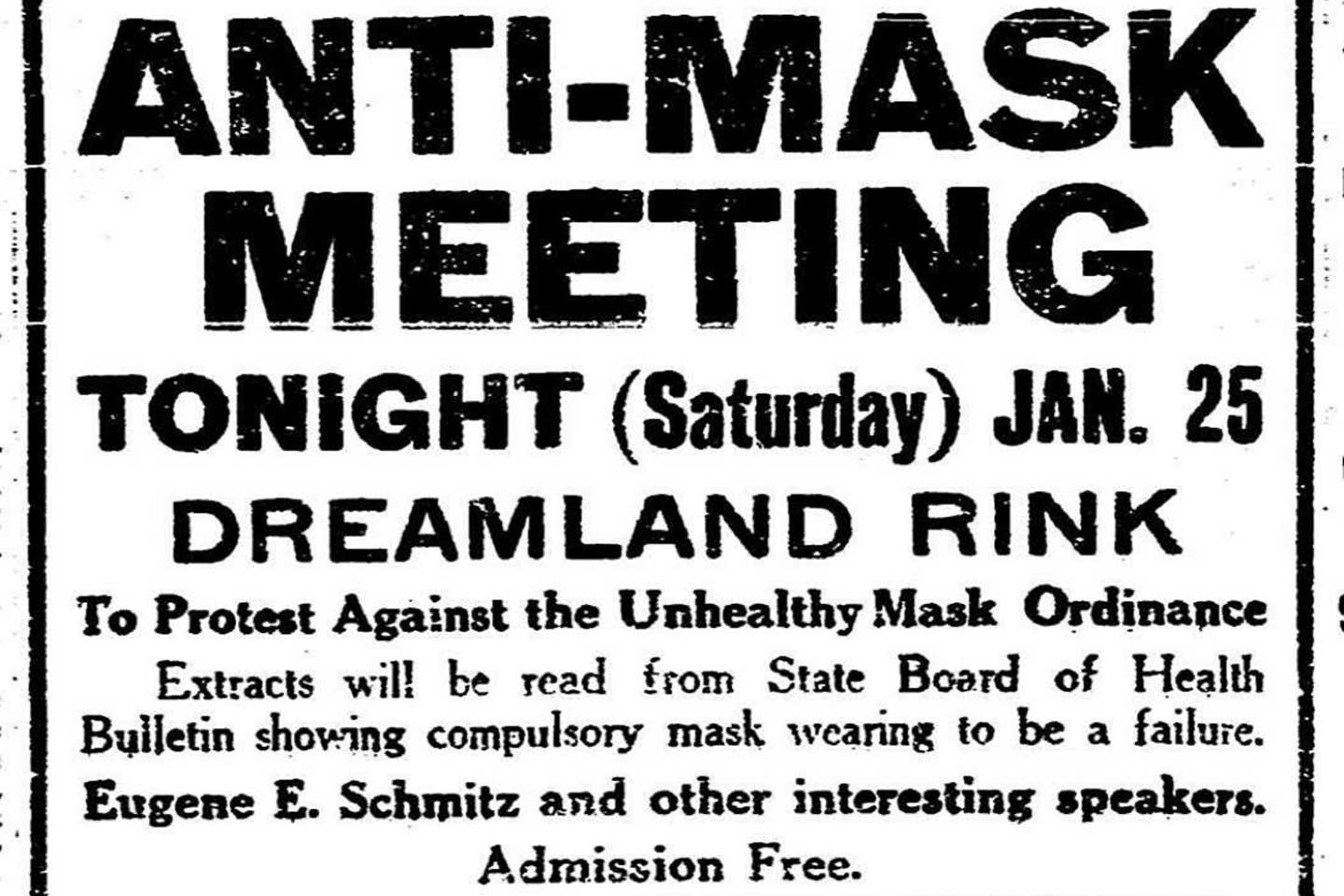 Advert for the Anti-Mask Meeting held in San Francisco in 1919; Credit: SF Chronicle