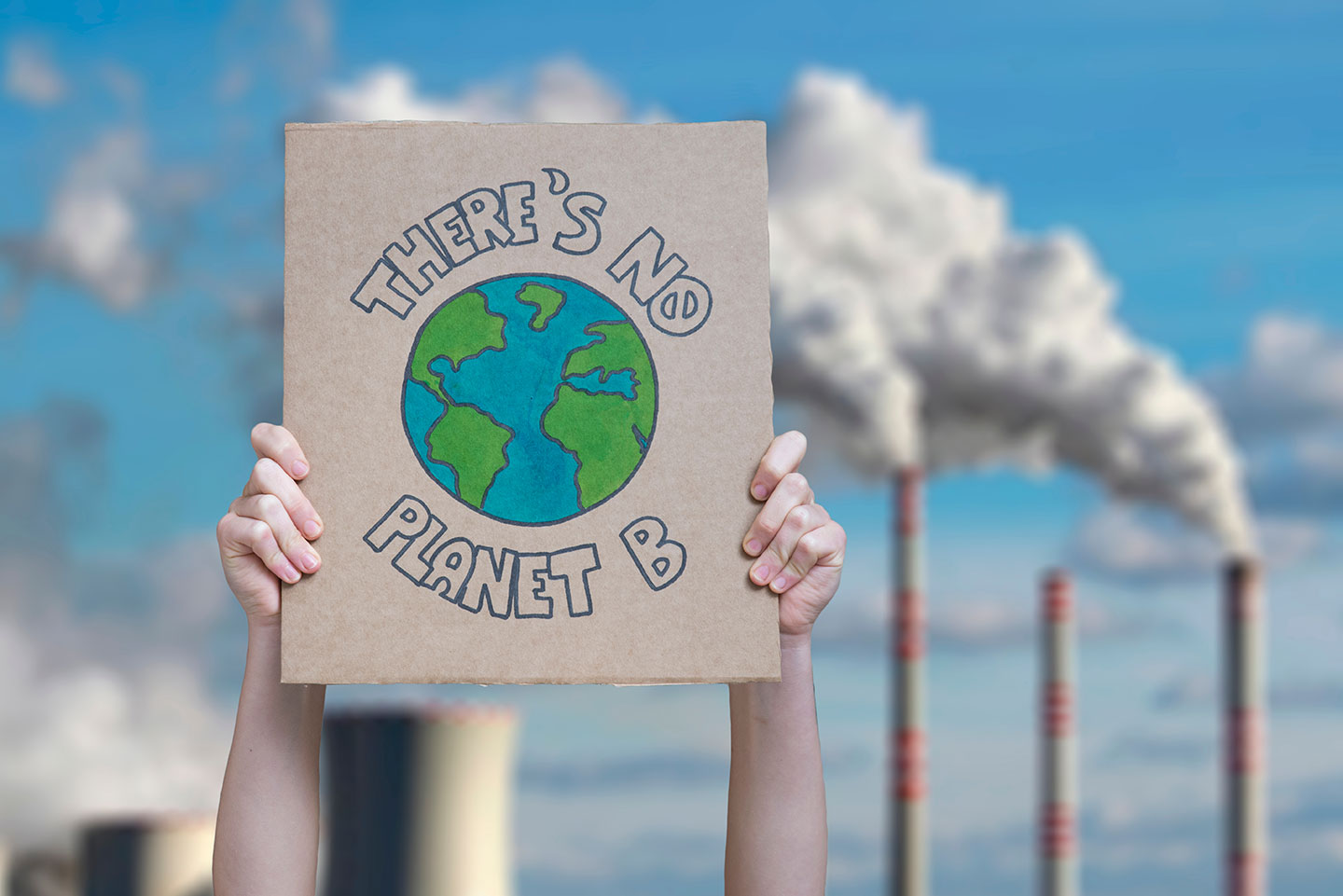 Climate change manifestation poster on an industrial fossil fuel burning.