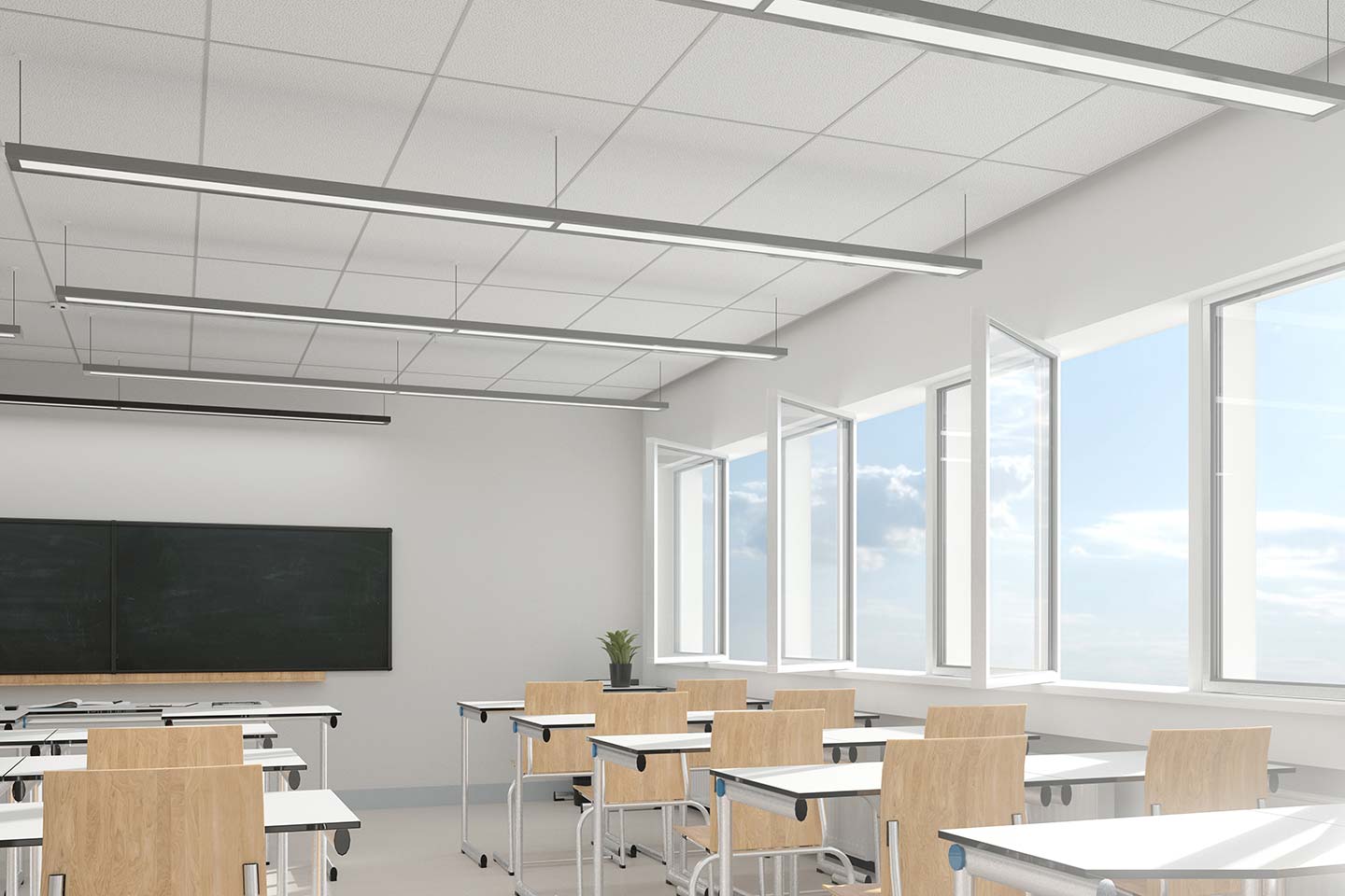 Ventilation through open windows in classrooms at school or university due to COVID-19 and coronavirus (3d rendering)