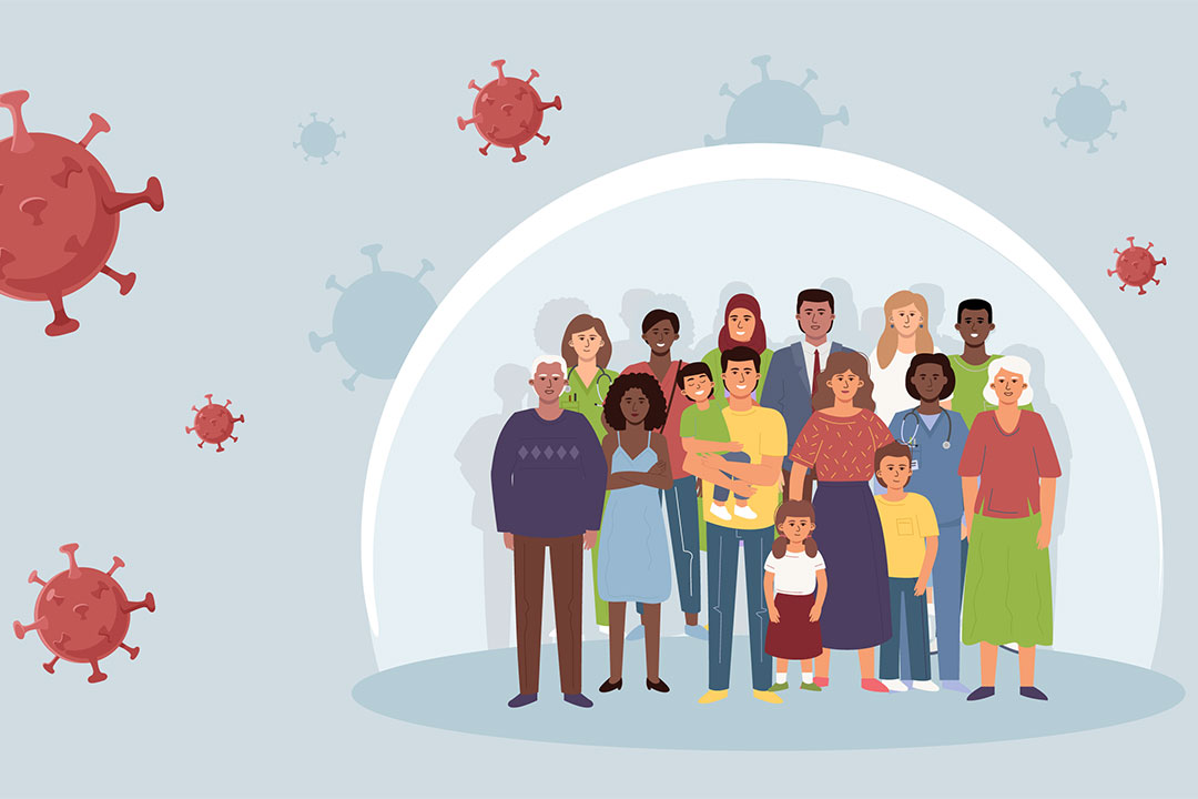 A group of diverse people in a bubble. The concept of collective immunity from coronavirus, controlling the spread of the epidemic.