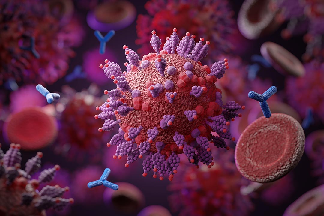 Mutated coronavirus cell, 3D render illustration.
