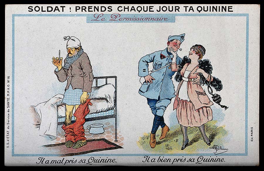 An early 20th Century poster encouraging French soldiers to take quinine to ward off malaria. Chromolithograph by A. Guillaume. Credit: Wellcome Collection. Public Domain Mark