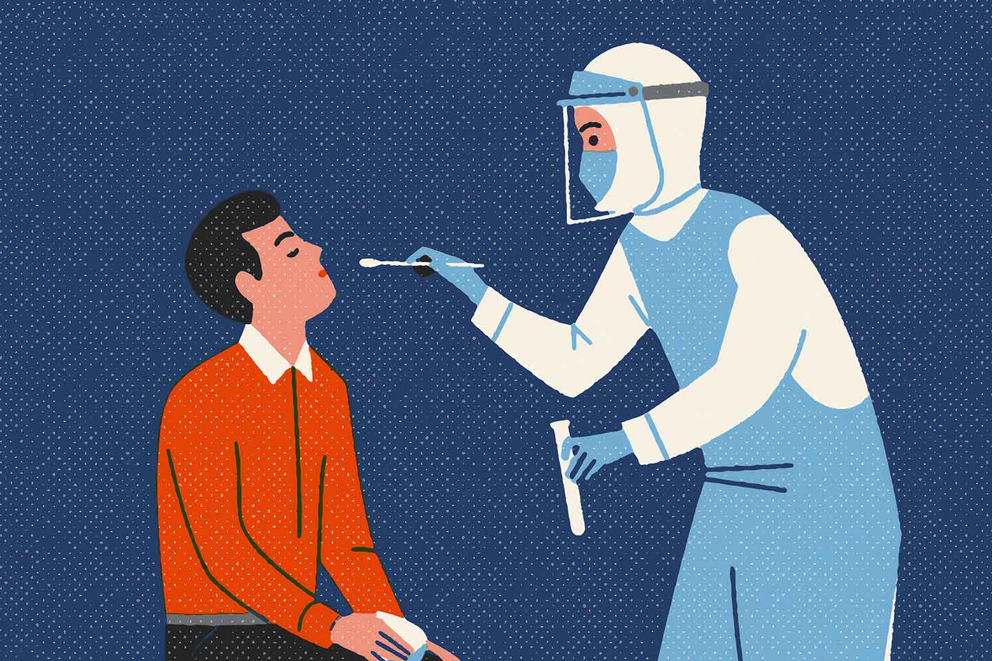 SWAB TEST. Patient and medical supervisor preparing for a COVID-19 nasal swab test. Image created by Russell Tate. Submitted for United Nations Global Call Out To Creatives - help stop the spread of COVID-19.