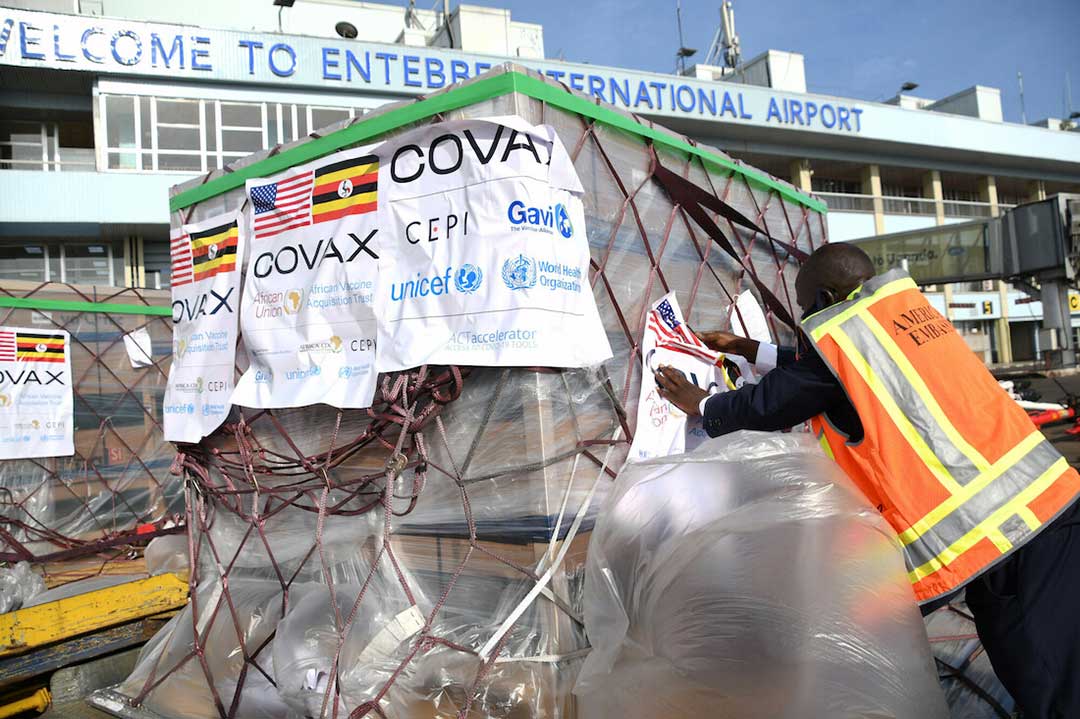 A consignment of 840,000 doses of J&J COVID-19 vaccines through the COVAX for refugees and migrants shipped by UNICEF arrive at the Entebbe International Airport. Credit: Maria Wamala