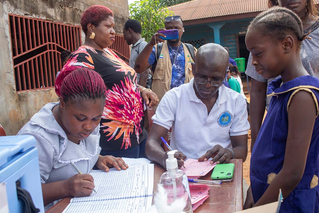 Girls getting HPV vaccine at a school in Sierra Leone. Credit: Gavi/2022/Joshua Kamara